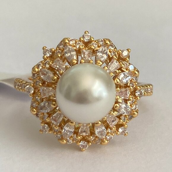 Art Deco Cubic Zirconia White Pearl Cocktail Ring Yellow Gold Plated Size 7 8 9 - Picture 5 of 16